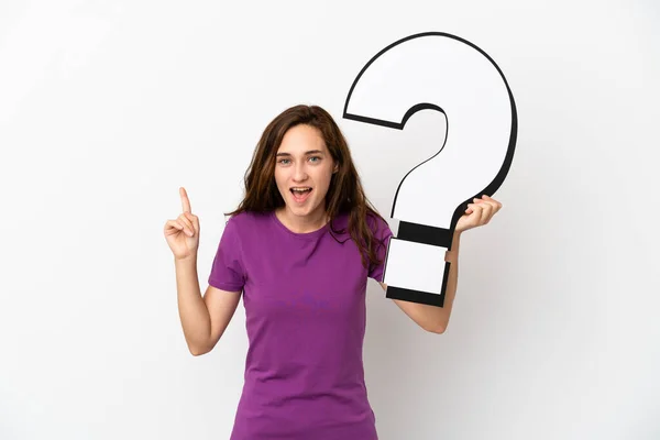 Young Caucasian Woman Isolated White Background Holding Question Mark Icon — Stock Photo, Image