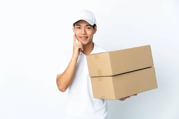 Delivery Chinese Man Isolated White Background Smiling Happy Pleasant Expression — Stock Photo, Image