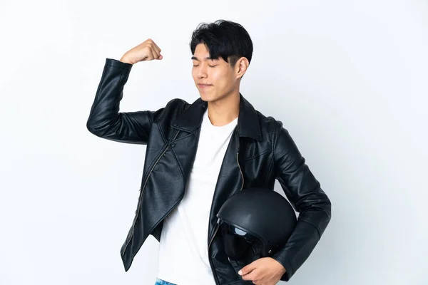 Hombre Chino Con Casco Motocicleta Aislado Sobre Fondo Blanco Haciendo — Foto de Stock