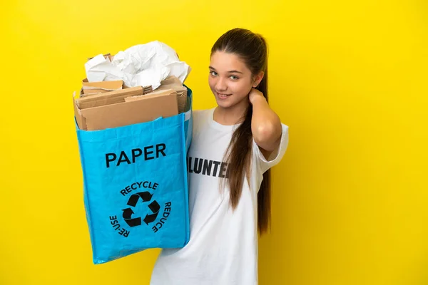 Little Girl Holding Recycling Bag Full Paper Recycle Isolated Yellow — Stock Photo, Image