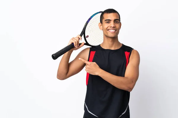 African American Man Isolated White Background Playing Tennis Pointing Lateral — Stock Photo, Image
