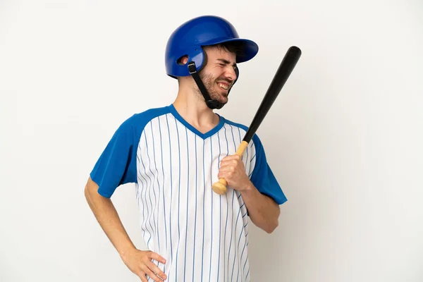 Young Caucasian Man Playing Baseball Isolated White Background Suffering Backache — Stock Photo, Image