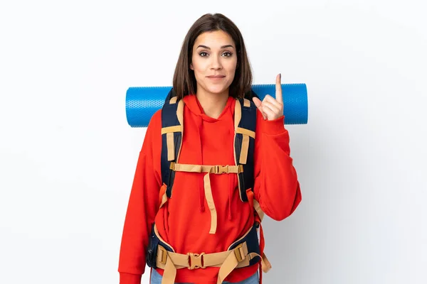 Joven Montañista Caucásica Con Una Gran Mochila Aislada Sobre Fondo —  Fotos de Stock