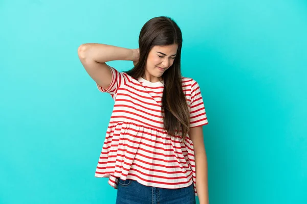 Jong Braziliaans Vrouw Geïsoleerd Blauwe Achtergrond Met Neckache — Stockfoto