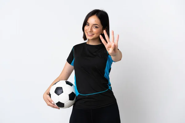 Young Football Player Woman Isolated White Background Happy Counting Four — Stock Photo, Image