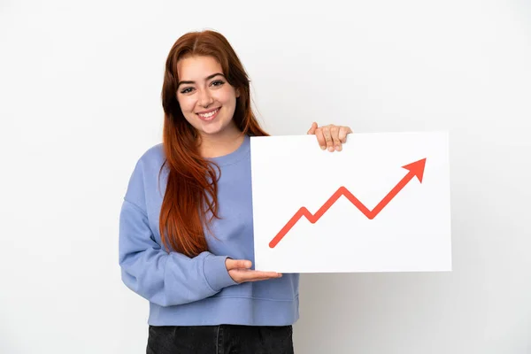 Young Redhead Woman Isolated White Background Holding Sign Growing Statistics — Stockfoto