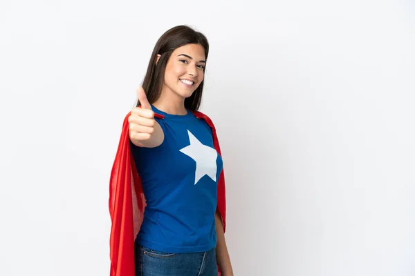 Young Brazilian Woman Isolated White Background Superhero Costume Thumb — Zdjęcie stockowe