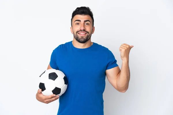 Handsome Young Football Player Man Isolated Wall Pointing Side Present — Stock Photo, Image