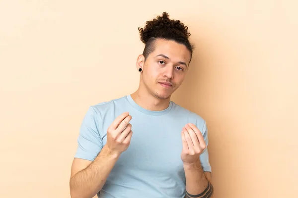 Caucasian Man Isolated Background Making Money Gesture Ruined — Foto de Stock
