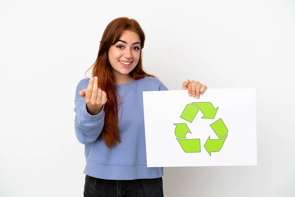 Young Redhead Woman Isolated White Background Holding Placard Recycle Icon — Stockfoto