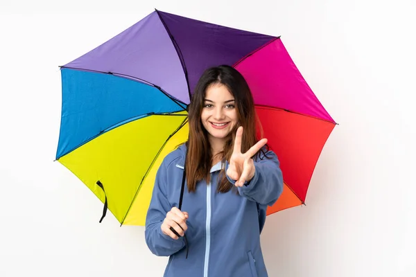 Woman Holding Umbrella Isolated White Background Smiling Showing Victory Sign — ストック写真