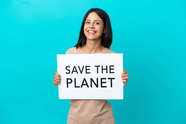 Jovem Sobre Fundo Isolado Segurando Cartaz Com Texto Salve Planeta — Fotografia de Stock