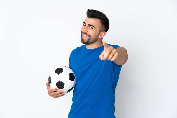 Bello Giovane Giocatore Calcio Uomo Parete Isolata Che Punta Davanti — Foto Stock