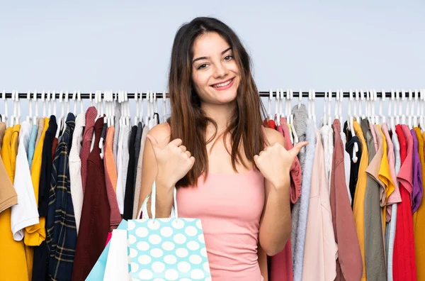 Young Caucasian Woman Buying Some Clothes Store Thumbs Gesture Smiling — Stock Fotó