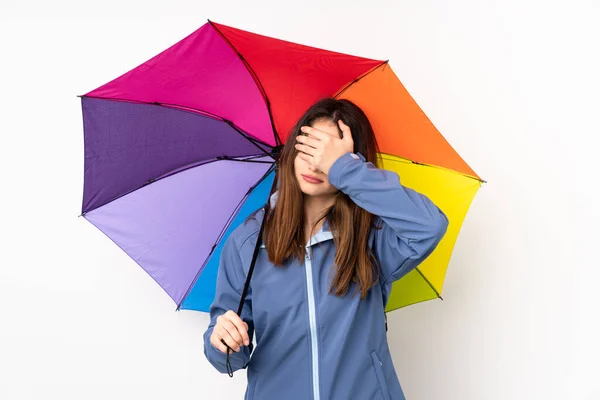 Woman Holding Umbrella Isolated White Background Covering Eyes Hands — Zdjęcie stockowe