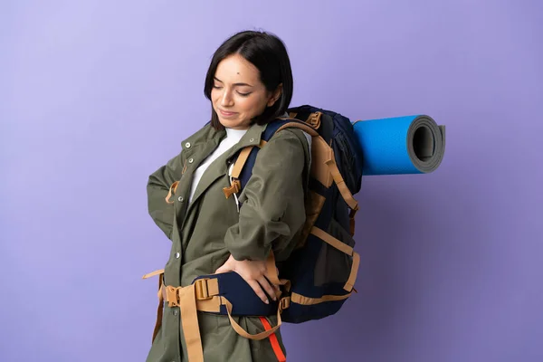 Young Mountaineer Woman Big Backpack Isolated Background Suffering Backache Having — Stock fotografie