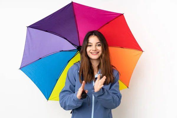 Woman Holding Umbrella Isolated White Background Applauding — Stockfoto