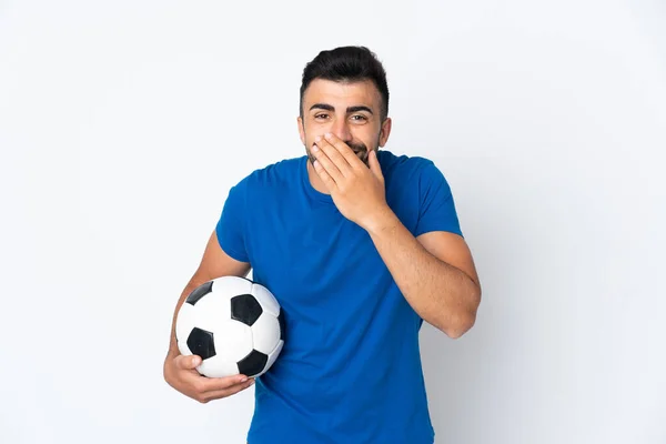 Handsome Young Football Player Man Isolated Wall Happy Smiling Covering — Stock Photo, Image