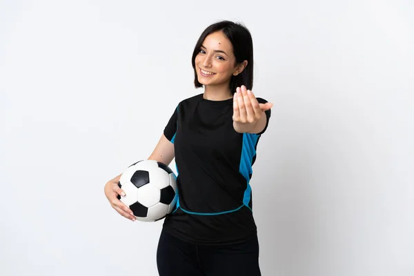 Young Football Player Woman Isolated White Background Inviting Come Hand — Stock Photo, Image