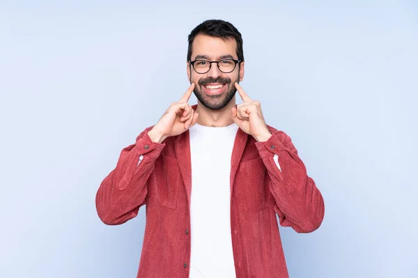 Young Caucasian Man Wearing Corduroy Jacket Blue Background Smiling Happy — Stok fotoğraf