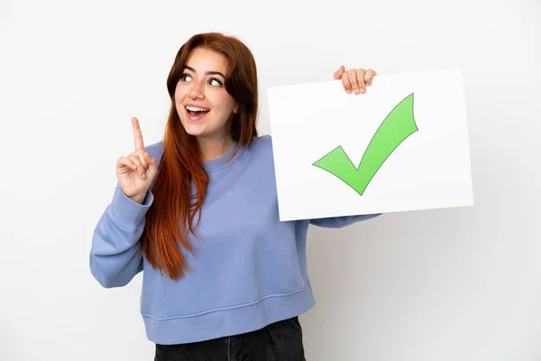Young Redhead Woman Isolated White Background Holding Placard Text Green — Foto de Stock