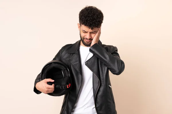 Young Moroccan Man Motorcycle Helmet Isolated Beige Background Frustrated Covering — 스톡 사진