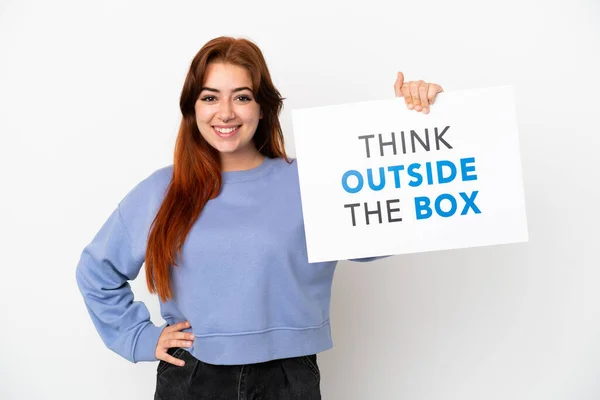 Young Redhead Woman Isolated White Background Holding Placard Text Think — Foto Stock