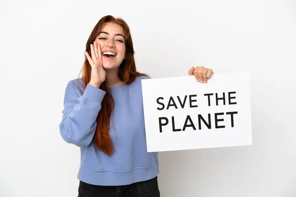 Young Redhead Woman Isolated White Background Holding Placard Text Planet — Foto de Stock