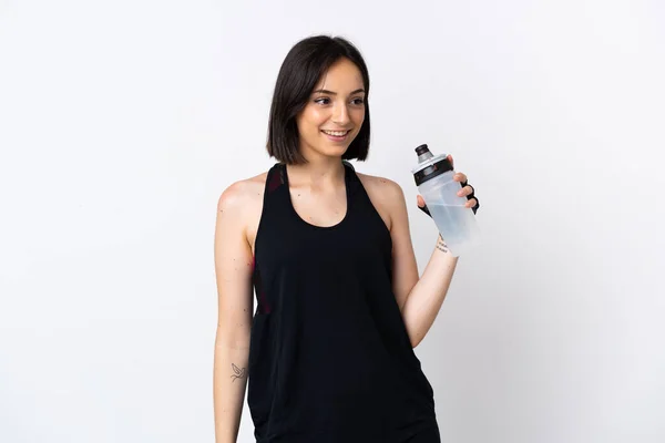 Young Caucasian Woman Isolated White Background Sports Water Bottle — Stock Photo, Image