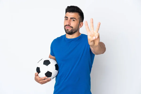 Handsome Young Football Player Man Isolated Wall Happy Counting Three — Stock Photo, Image