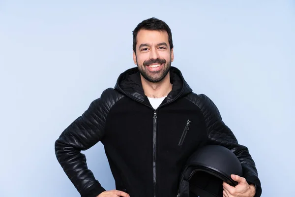 Man Motorcycle Helmet Isolated Background Posing Arms Hip Smiling — Stockfoto