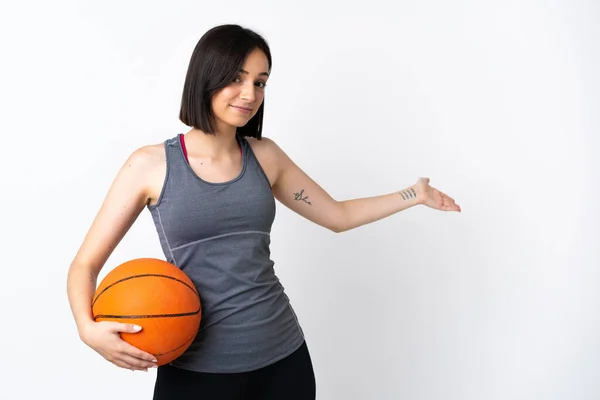 Young Woman Playing Basketball Isolated White Background Extending Hands Side — Stock Photo, Image