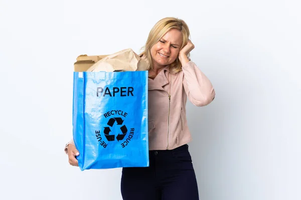 Middle Age Woman Holding Recycling Bag Full Paper Recycle Isolated — Photo