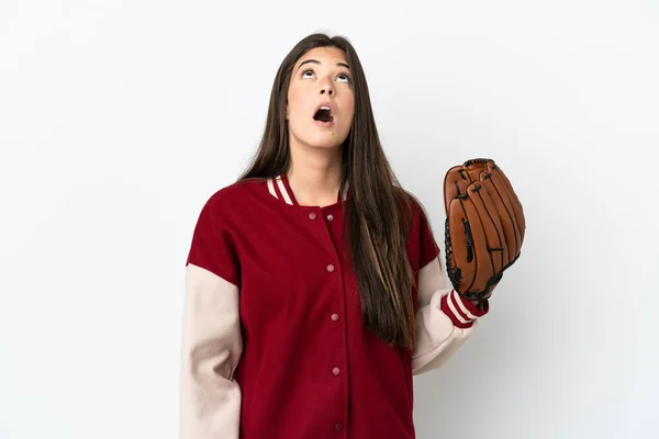 Player Brazilian Woman Baseball Glove Isolated White Background Looking Surprised — ストック写真