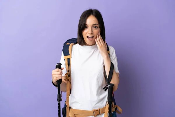 Young Caucasian Woman Backpack Trekking Poles Isolated Blue Background Surprise — Stock Photo, Image