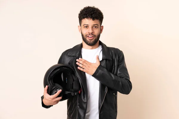 Young Moroccan Man Motorcycle Helmet Isolated Beige Background Surprised Shocked — Φωτογραφία Αρχείου