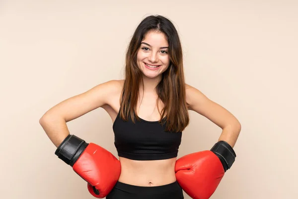 Jovem Mulher Esporte Com Luvas Boxe Sobre Fundo Isolado — Fotografia de Stock