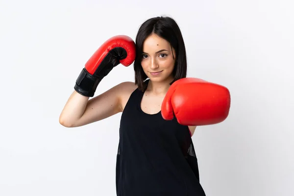 Mladá Běloška Žena Izolované Bílém Pozadí Boxerskými Rukavicemi — Stock fotografie