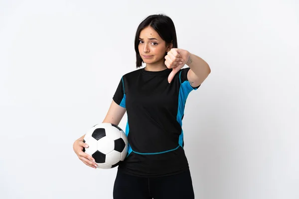 Beyaz Arka Planda Izole Edilmiş Genç Bir Futbolcu Kadın Olumsuz — Stok fotoğraf