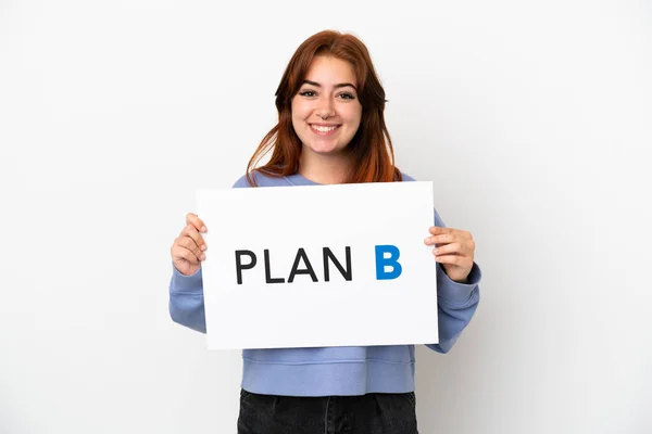 Young Redhead Woman Isolated White Background Holding Placard Message Plan — Photo