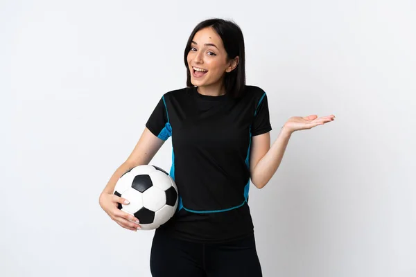 Jovem Jogador Futebol Mulher Isolada Fundo Branco Com Expressão Facial — Fotografia de Stock