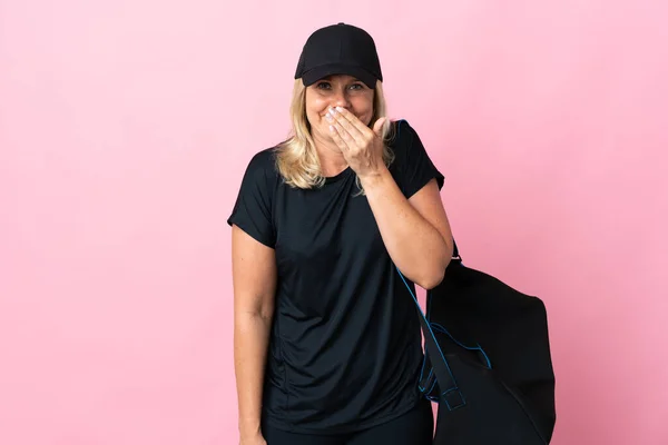 Middle Age Woman Sport Bag Isolated Pink Background Happy Smiling — Stock fotografie