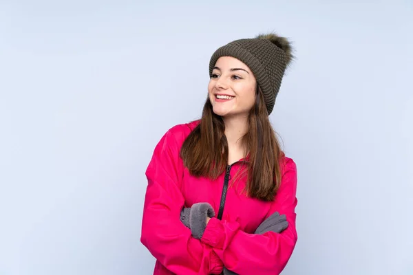 Young Girl Winter Hat Isolated Blue Background Happy Smiling — 图库照片