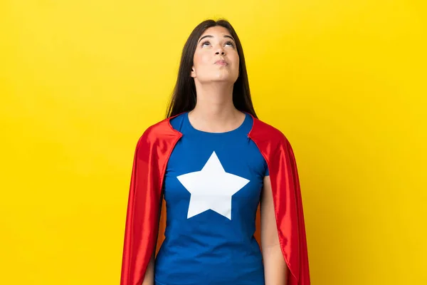 Super Hero Brazilian Woman Isolated Yellow Background Looking — Stock fotografie