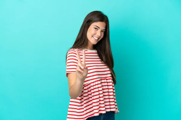 Mujer Brasileña Joven Aislada Sobre Fondo Azul Sonriendo Mostrando Signo —  Fotos de Stock