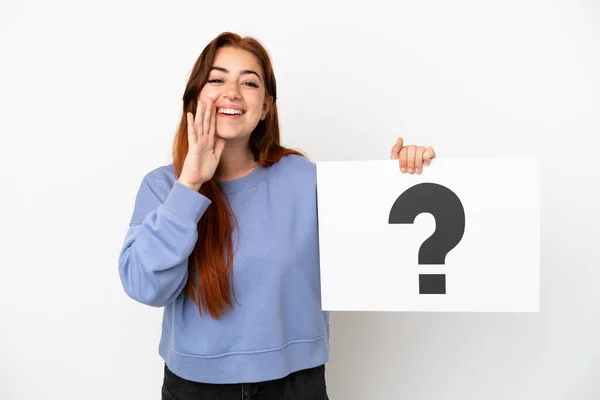 Young Redhead Woman Isolated White Background Holding Placard Question Mark — Stockfoto