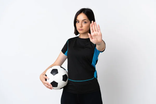 Giovane Giocatore Calcio Donna Isolato Sfondo Bianco Facendo Gesto Stop — Foto Stock