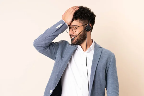 Telemarketer Moroccan Man Working Headset Isolated Beige Background Has Realized — Foto de Stock