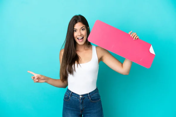 Young Brazilian Woman Isolated Blue Background Holding Empty Placard Pointing — 图库照片