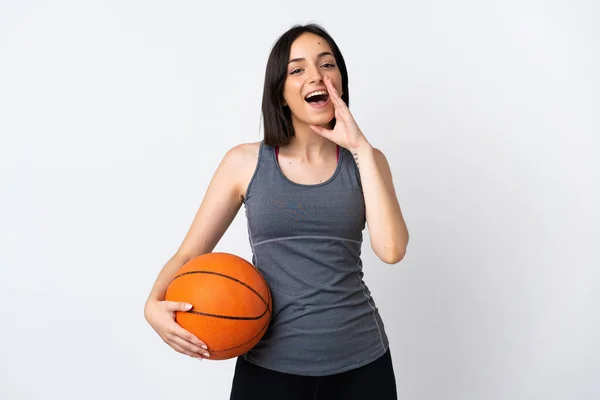 Young Woman Playing Basketball Isolated White Background Shouting Mouth Wide — Stock Photo, Image